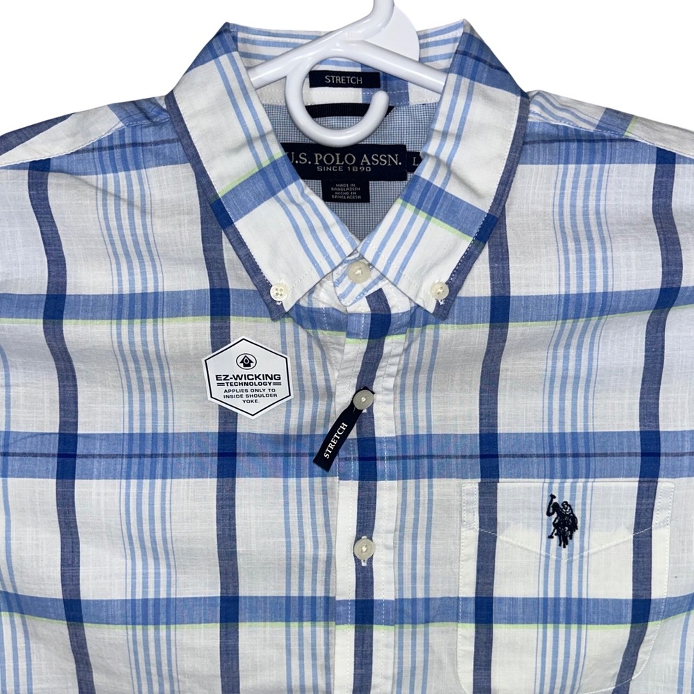 US Polo Assn Mens Large Short Sleeve Plaid Button Down Shirt Optic White New